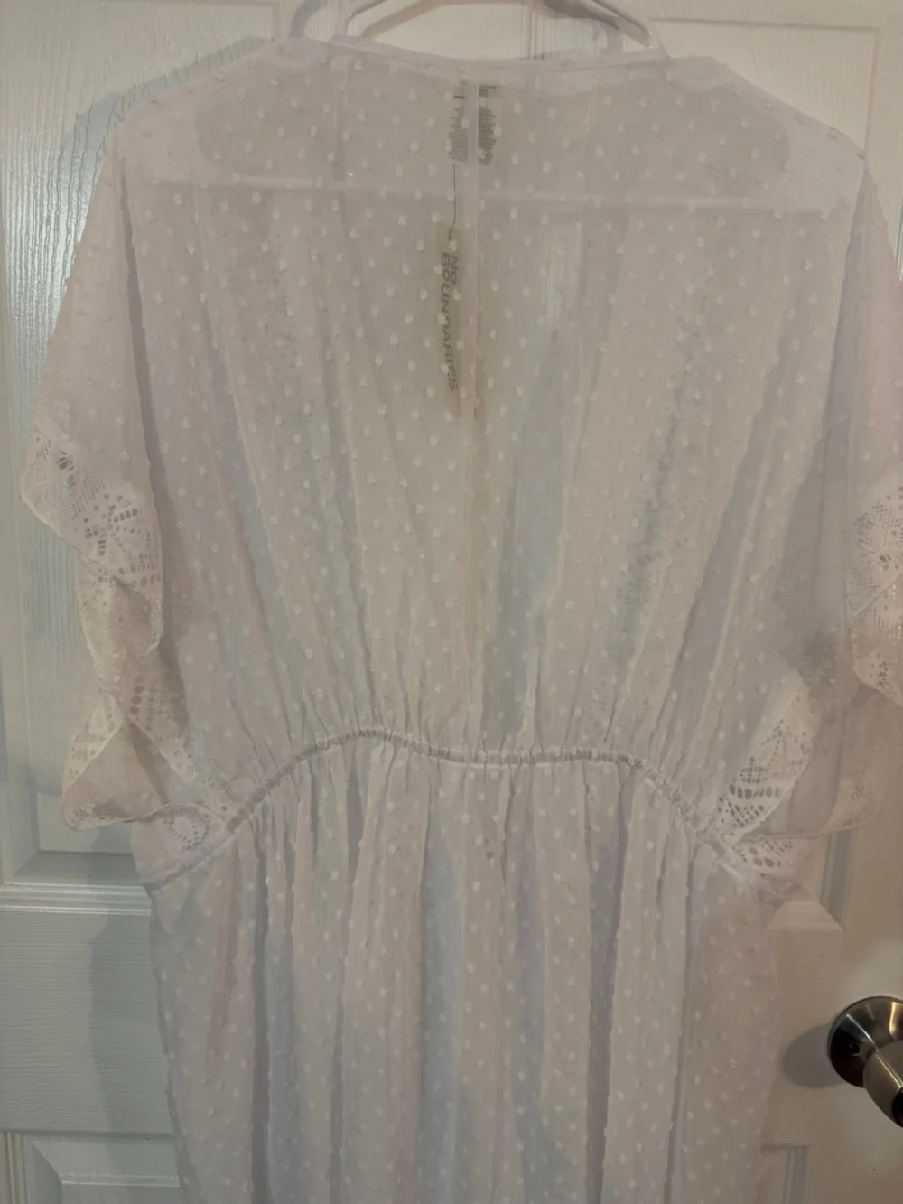 🏖️NWT No Boundaries Women’s White Sheer Tie Front Lace-Trim Swim Cover-Up Size L